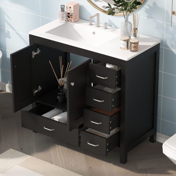 Bathroom Vanity With Ceramic Sink Combo, Abundant Storage Cabinet 2 Soft Close Doors And 5 Drawers - Black
