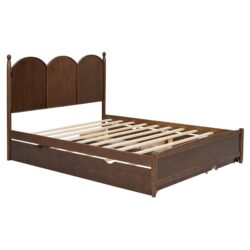 Queen Size Platform Bed With With 2 Big Drawers, Twin Long Size Trundle - Walnut
