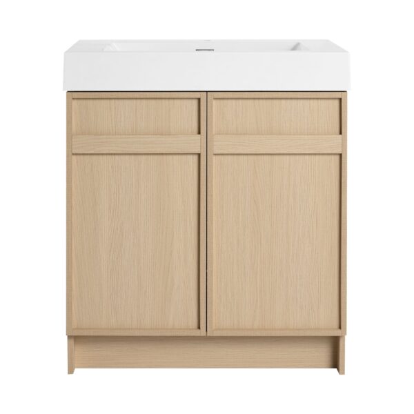 Contemporary 30" Freestanding Bathroom Vanity With White Resin Sink & Soft Close Cabinet Doors - Oak