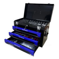 20'' Portable 3 Drawer Steel Toolbox, 4 Layers Of Tools With Metal Latches, With Top Storage Tray And Carrying Handle, Multi Function Tool Storage For Garage, Home, Or Workbench - Black / Blue