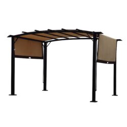 12 X 9 Ft Outdoor Patio Pergola Gazebo Steel Frame Sun Shelter With Retractable Canopy & - Beige / Brown