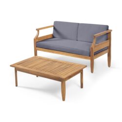 Aston - 2 Piece Wood Outdoor Patio Conversation Seating Set With Gray Cushions - Teak Brown