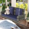 2 Person Wicker Hanging Porch Swing With Chains, Cushion, Pillow, Rattan Swing Bench For Garden, Backyard - Gray / Blue - Image 2