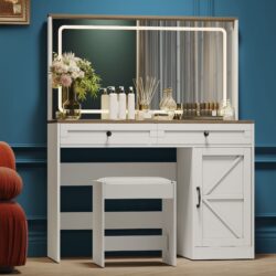 43.3" Makeup Vanity Table, Makeup Table With Large Mirror And LED Light Strip, Brightness Adjustable, Dressing Table Desk With 3 Drawers, Vanity Desk For Women (With Stool) - White