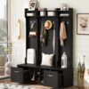 5 In 1 Entryway Bench With Coat Rack, 7 Sturdy Hooks, 2 Spacious Drawers And Adjustable Shelves, Wide Hall Tree With Metal Handles For Hallway - Black - Image 3