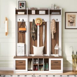 5 In 1 Entryway Bench With Coat Rack, 7 Sturdy Hooks, 2 Spacious Drawers And Adjustable Shelves, Wide Hall Tree With Metal Handles For Hallway - Brown / White