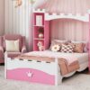 Castle Shaped Bed With Storage Shelf, Dreamy Twin Size Platform Bed For Kids Bedroom - Pink / White - Image 12