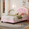 Twin Size Upholstered Flower-Shape Bed, Elegant Flowers Headboard With LED Light Strip, Sherpa Fabric Platform Bed With Slats Support - Pink - Image 2