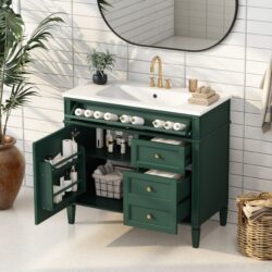 Bathroom Vanity With Top Sink, Modern Bathroom Storage Cabinet, 2 Drawers And A Tip-Out Drawer, Single Sink Bathroom Vanity - Green