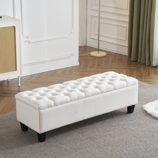 Contemporary Button Tufted Diamond Stitched Storage Ottoman - White