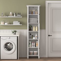 Wooden Bathroom Floor Storage Cabinet With 2 Doors And 6 Shelves - White