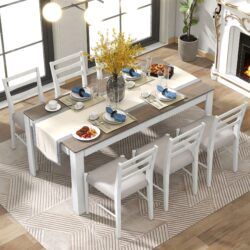 7 Piece Wooden Dining Table Set Mutifunctional Extendable Table With Leaf And 2 Drawers, 6 Dining Chairs With Soft Cushion - Brown / White
