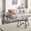 2 Piece Tempered Glass Surface Coffee Table Set, Decor Coffee Table Round End Side Table With Sturdy Construction For Living Room (Rustic) - Black - Image 16