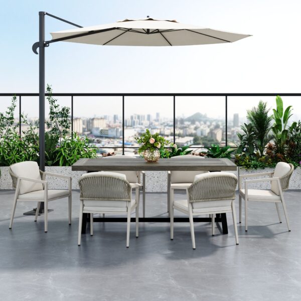 Modern Outdoor Dining Set 7 Pieces With Acacia Wood Table And Iron Chairs - Gray / Black