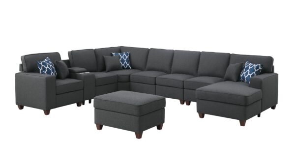 Eric - 9 Piece Upholstered Sectional With Ottoman - Dark Gray