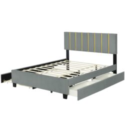 Queen Size Upholstered Platform Bed With 2 Drawers And 1 Trundle, Classic Strip Headboard Design - Gray
