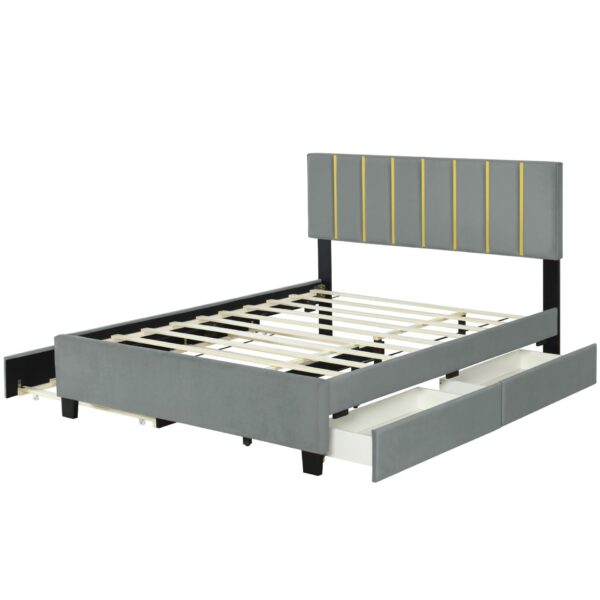 Queen Size Upholstered Platform Bed With 2 Drawers And 1 Trundle, Classic Strip Headboard Design - Gray