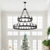 2 Tiers Wagon Wheel Chandelier Wooden Farmhouse 36 Light (24 / 12) Or (12 / 24) Metal Chandeliers 2 Story Light Fixtures Industrial For High Ceiling Living Dining Room Foyer, Adjustable Height - Black - Image 3