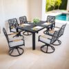 7 Pieces Outdoor Patio Furniture Set, Modern Dining Set With 6 Swivel Rockers Sunbrella Fabric, Rectangular Table With Umbrella Hole - Bourbon Brown - Image 2