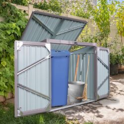 Garbage Bin Shed Stores 2 Trash Cans, Outdoor Bin Shed For Garbage Storage, Stainless Galvanized Steel, Bin Shed For Garden Yard Lawn - Gray