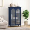 2 Doors Metal Storage Cabinet Display Cabinet With Glass Doors Metal Kitchen Sideboard Buffet Cabinet Glass Storage Cabinet For Dining Room Living Room Bedroom - Dark Blue - Image 2