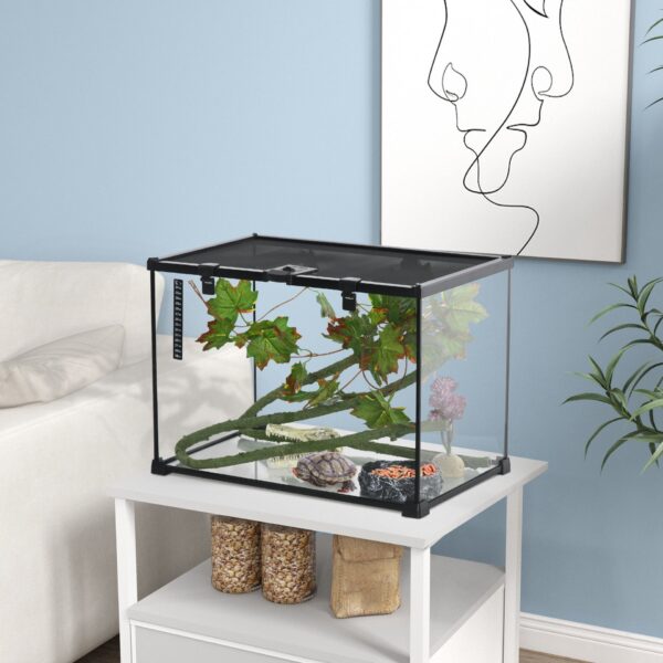 Pawhut - 14 Gallon Reptile Glass Terrarium Tank With Decor Kit Breeding Box Full View With Visually Appealing Sliding Screen Top For Lizards Frogs Snakes Spiders - Black