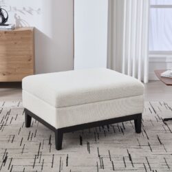 Upholstered Wood Base Storage Ottoman With Reversible Lid Coffee Table, Foot Stool Square Footrest With Rubberwood Legs For Living Room Bedroom Entryway And Office - Ivory