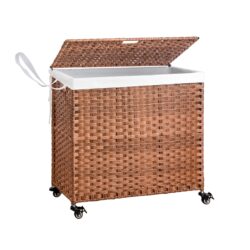 Laundry Hamper With Lid PE Rattan Powder Coating Frame Clothes Hampers With 2 Removable Bags, Wheels, 160L - Brown