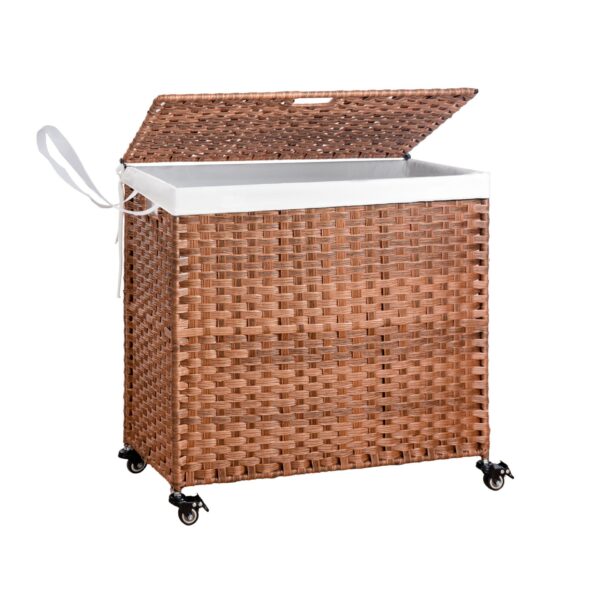 Laundry Hamper With Lid PE Rattan Powder Coating Frame Clothes Hampers With 2 Removable Bags, Wheels, 160L - Brown