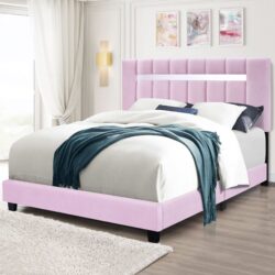 Velvet Upholstered Bed Frame With Adjustable Features, Teenage Girl's Favorite Collection - Pink
