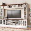 Wall Unit Entertainment Center With Bookshelves For TVs Up To 80", Modern TV Stand Media Console With Cabinets, Tempered Glass Doors And Adjustable Shelves For Living Room - White - Image 3