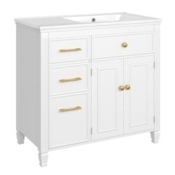 Modern Bathroom Vanity With Ceramic Sink, Freestanding, One Tip - Out Drawer, 3 Side Drawers, Adjustable Shelf - White