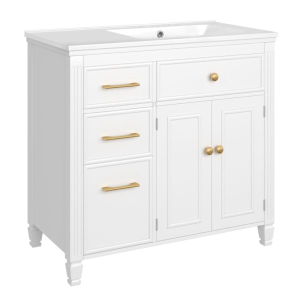 Modern Bathroom Vanity With Ceramic Sink, Freestanding, One Tip - Out Drawer, 3 Side Drawers, Adjustable Shelf - White