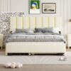 Queen Size Upholstered Platform Bed With 2 Drawers And 1 Trundle, Classic Strip Headboard Design - Beige - Image 14