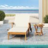 Versatile Chaise Lounge With Wheels Acacia Wood Recliner For Patio - Cream - Image 11