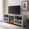 Industrial Farmhouse Metal Mesh Drop Down X Door 70" Fireplace TV Stand For 80" TVs - Stone Gray - Image 2