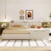 Queen & Twin Long Size Upholstered Platform Bed, Mother & Child Bed With Hydraulic Storage System, Drawer Box, Bedhead Storage Shelf And 2 Pairs Of Sockets & USB Ports - Beige - Image 17