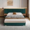 Upholstered King Size Bed Frame Of Velvet Tufted Headboard With Floating Nightstand LED / USB Built-In - Dark Green - Image 2