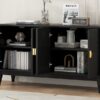 4 Door Sideboard Storage Cabinet For Living Room And Dining Room, 2 Large Cabinets With Gold Handles And Adjustable Shelf - Black - Image 24