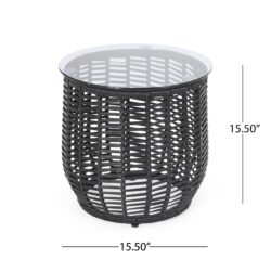 Arias - Boho Side Table With Tempered Glass Top And Rattan Wrap - Black