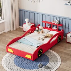 Wooden Race Car Bed, Car Shaped Platform Twin Bed With Wheels For Teens - Red / Yellow
