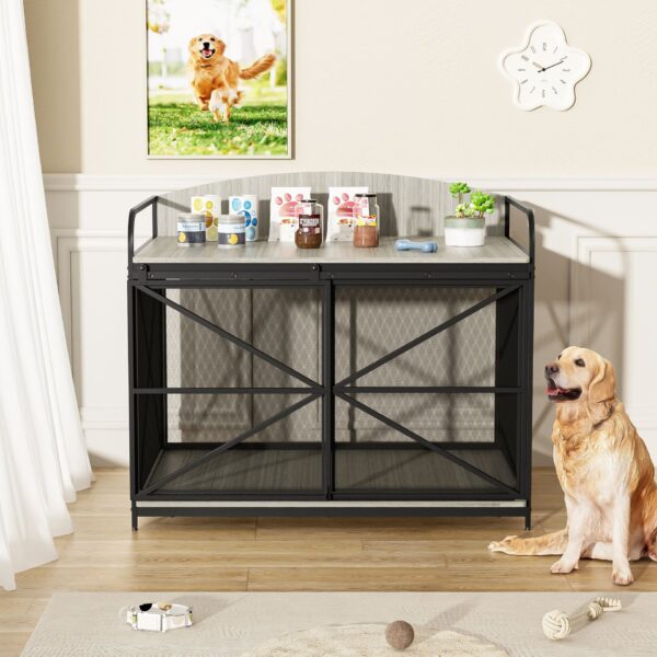 Heavy Duty Large Dog Crate Furniture For Large Medium Dog, Farmhouse Wooden Dog Kennel Indoor End Table, Decorative Pet House For Large Dogs - Gray
