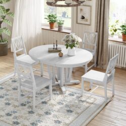 Topmax - 5 Piece Rustic Extendable Dining Table Set Round Trestle Table And 4 Cross Back Dining Chairs For Kitchen, Dining Room - Gray