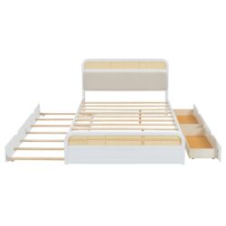 Queen Size Platform Bed With Trundle And 2 Drawers - White