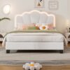 Full Size Upholstered Flower-Shape Bed, Elegant Flowers Headboard With LED Light Strip, Sherpa Fabric Platform Bed With Slats Support - White - Image 15