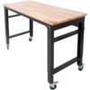 48" Wide Rolling Workbench For Garage, Adjustable Height, Workshop Tool Bench, Metal With Rubber Wood Top - Black / Light Brown - Image 2
