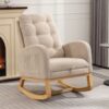 Accent Rocking Chair With Footrest High Back Rubber Wood Rocking Legs Bedroom Living Space - Beige - Image 4