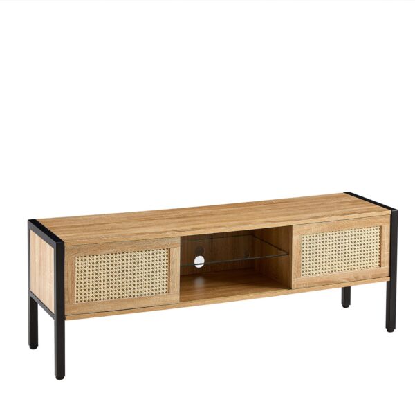 Rattan TV Cabinet With Variable Color Light Strip, Double Sliding Doors For Storage, Adjustable Shelf, Metal Legs, TV Console For Living Room - Natural