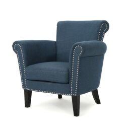 Elegant Fabric Club Chair With Nailhead Trim And Birch Wood Legs - Navy Blue