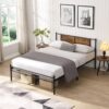 Queen Size Modern Metal Bedframe With Headboard, Durable Steel Structure - Black / Brown - Image 5